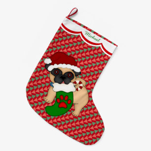 Pug Puppy Pattern Personalised Large Christmas Stocking