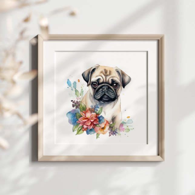 Pug Puppy Pet Watercolor Flower Poster (Creator Uploaded)