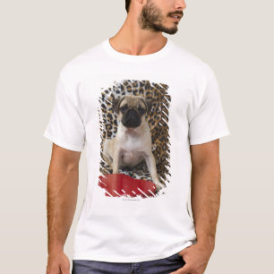 Pug puppy sitting against animal print T-Shirt