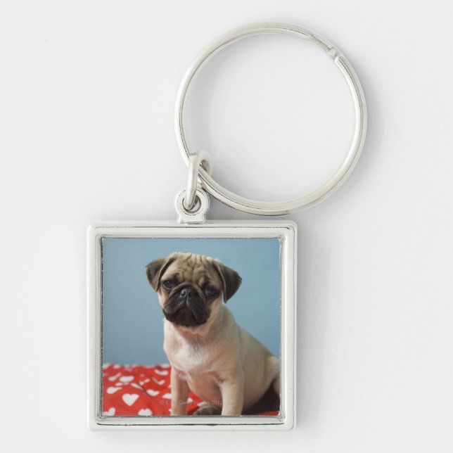 Pug puppy sitting on bed key ring (Front)
