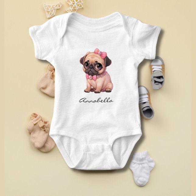 Pug Puppy With Pink Bow Illustration Custom Name Baby Bodysuit (Pug Puppy With Pink Bow Illustration Custom Name - Adorable Dog Lover Baby Apparel)