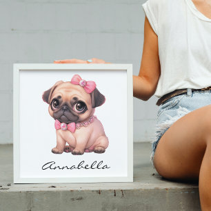 Pug Puppy With Pink Bow Illustration Custom Name Poster