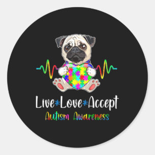 Pug Puzzle Piece Live Love Accept Autism Awareness Classic Round Sticker