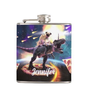 Pug riding dinosaur unicorn in space               hip flask