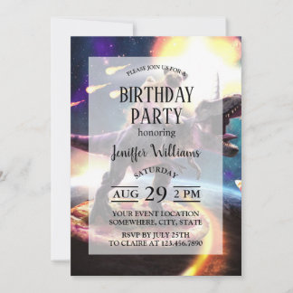 Pug riding dinosaur unicorn in space               invitation