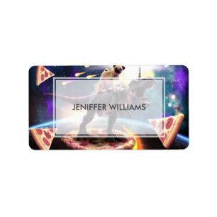 Pug riding dinosaur unicorn in space               label