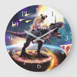 Pug riding dinosaur unicorn in space               large clock