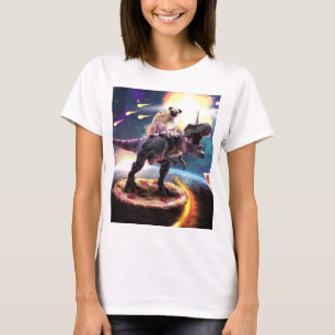 Pug riding dinosaur unicorn in space               T-Shirt