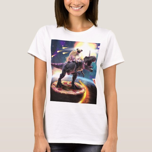 Pug riding dinosaur unicorn in space               T-Shirt (Front)