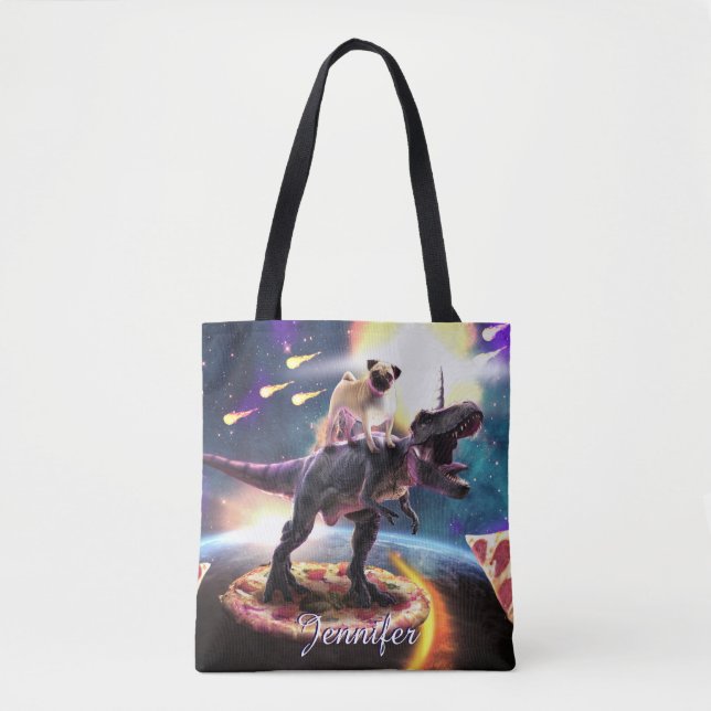 Pug riding dinosaur unicorn in space               tote bag (Front)