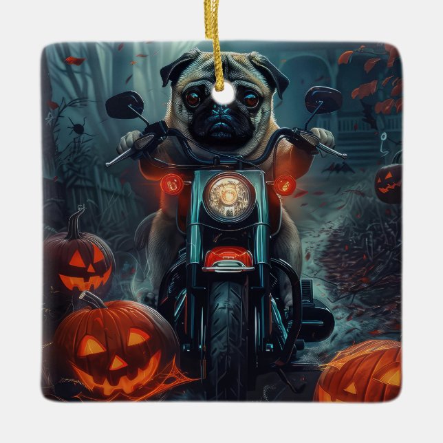 Pug Riding Motorcycle Halloween Scary Ceramic Ornament (Front)