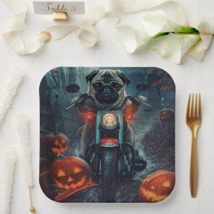Pug Riding Motorcycle Halloween Scary Paper Plate
