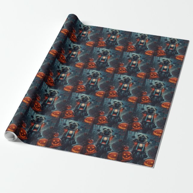 Pug Riding Motorcycle Halloween Scary Wrapping Paper (Unrolled)