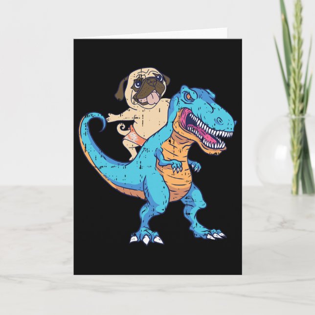Pug Riding T-rex Surfing Dinosaur Funny Dog Lover  Card (Front)