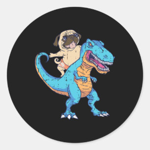 Pug Riding T-rex Surfing Dinosaur Funny Dog Lover  Classic Round Sticker