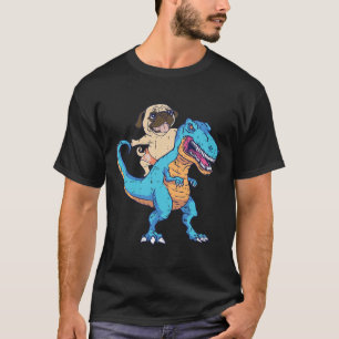 Pug Riding T-rex Surfing Dinosaur Funny Dog Lover  T-Shirt