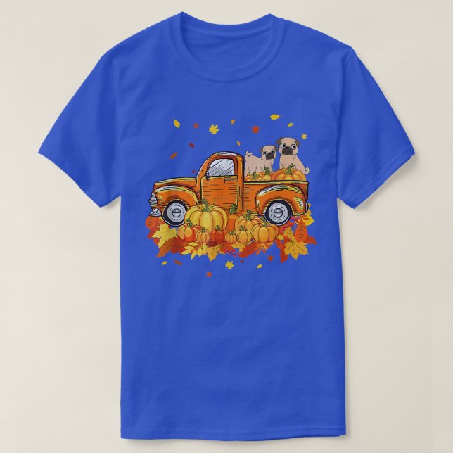 Pug Riding Truck Pumpkin Autumn Leaves Fall 2350 T-Shirt (Design Front)