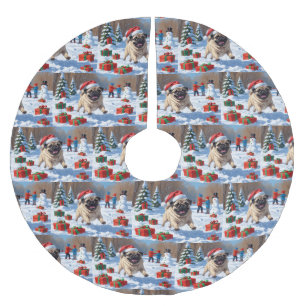 Pug Running in Snow with Christmas Hat Brushed Polyester Tree Skirt