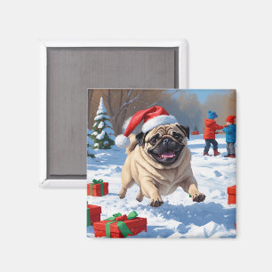 Pug Running in Snow with Christmas Hat Magnet