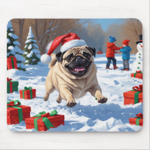 Pug Running in Snow with Christmas Hat Mouse Pad