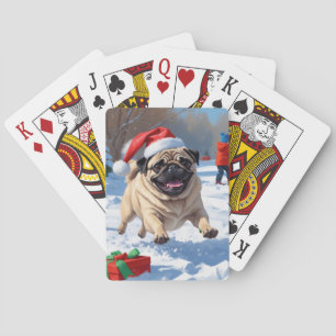 Pug Running in Snow with Christmas Hat Playing Cards