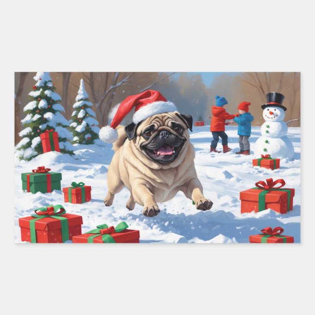 Pug Running in Snow with Christmas Hat Rectangular Sticker (Front)