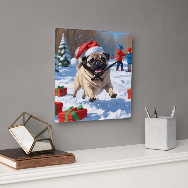 Pug Running in Snow with Christmas Hat Square Wall Clock (Office)