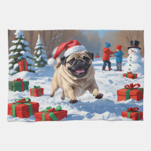 Pug Running in Snow with Christmas Hat Tea Towel