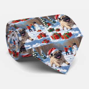 Pug Running in Snow with Christmas Hat Tie