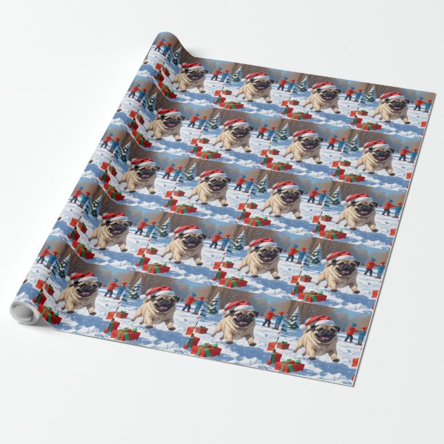 Pug Running in Snow with Christmas Hat Wrapping Paper (Unrolled)