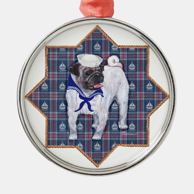 Pug Sailor Metal Tree Decoration (Front)