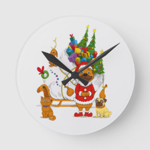 Pug Santa Christmas Sleigh Round Clock