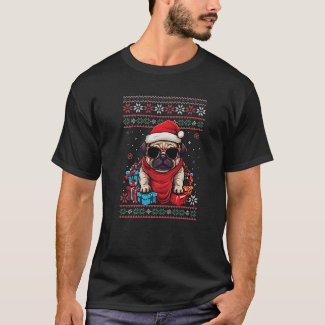 Pug Santa Hat Funny Dog lovers Xmas Ugly Christmas T-Shirt (Front)