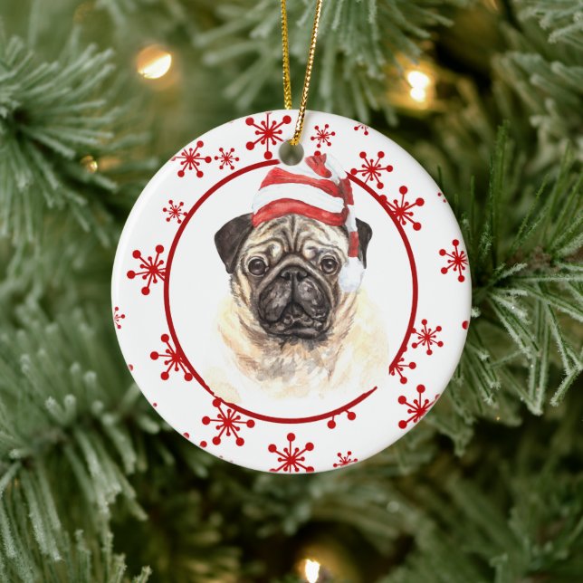 Pug Santa Hat Red Snowflake Christmas Ceramic Ornament (Tree)