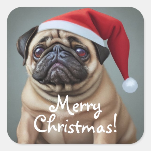 Pug Santa Hat Square Sticker (Front)