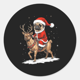 Pug Santa Riding Reindeer Christmas Holiday Puppy Classic Round Sticker