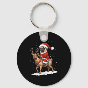 Pug Santa Riding Reindeer Christmas Holiday Puppy Key Ring