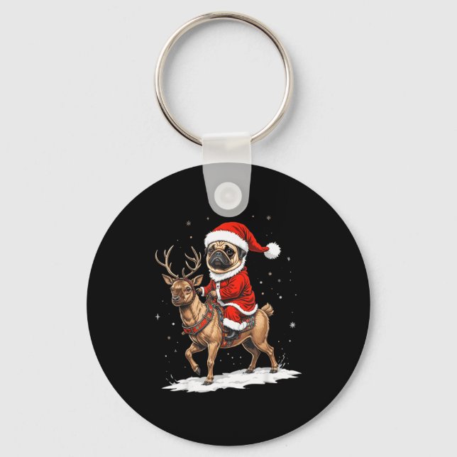 Pug Santa Riding Reindeer Christmas Holiday Puppy  Key Ring (Front)