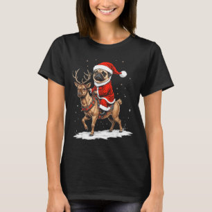Pug Santa Riding Reindeer Christmas Holiday Puppy  T-Shirt