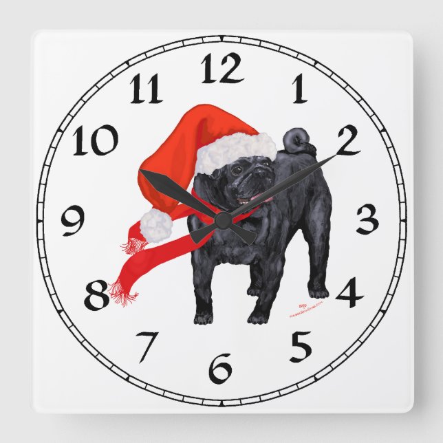 Pug Santa's Helper Square Wall Clock (Front)