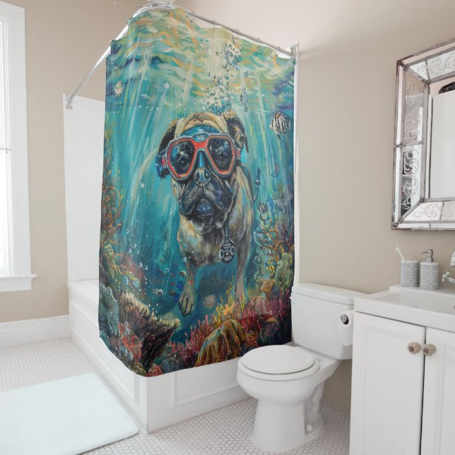 Pug Scuba Diving Underwater Shower Curtain (In Situ)