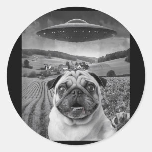Pug Selfie With Alien Ufo Funny Pug Gifts For Men Classic Round Sticker