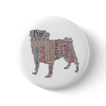 Pug silhouette colourful words button