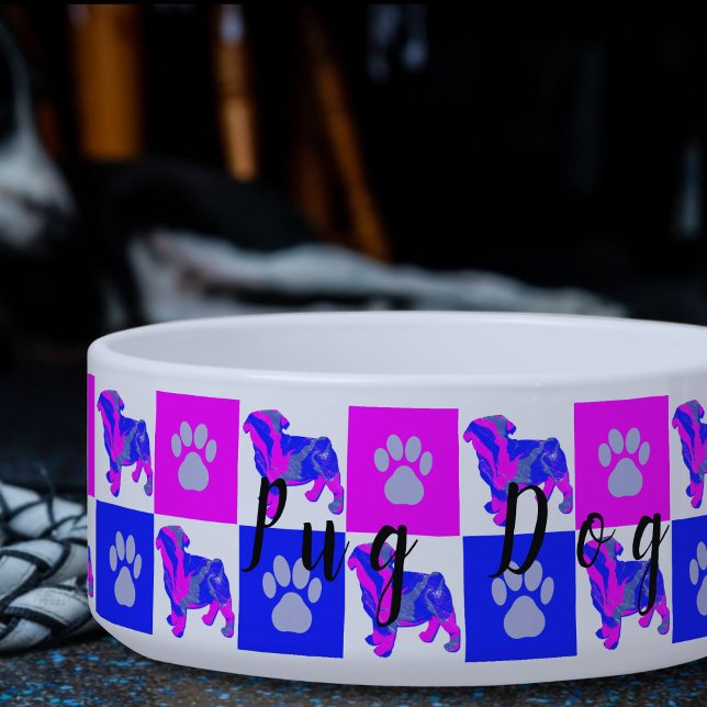 Pug Silhouette Dog & Paw Hot Pink & Blue Pet Bowl (Creator Uploaded)