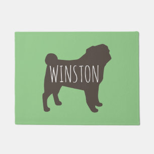 Pug Silhouette Grey and Green Personalised Doormat