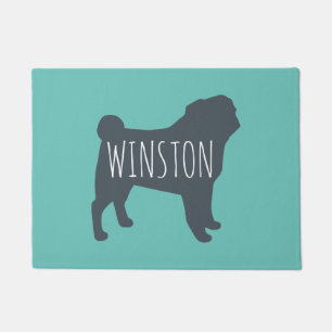 Pug Silhouette   Grey and Teal Personalised Doormat