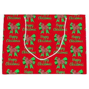 Pug Silhouette Red Christmas Dog & Green Bow Large Gift Bag