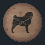 Pug Silhouette Rustic Style Large Clock<br><div class="desc">Pug Lover's Wall Clock. Wood design is printed,  not real wood.</div>