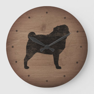 Pug Silhouette Rustic Style Large Clock