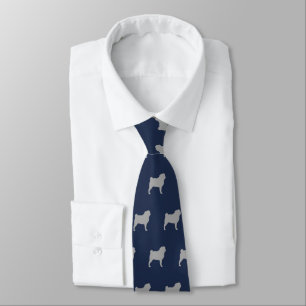 Pug Silhouettes Dogs Pattern Grey and Blue Tie